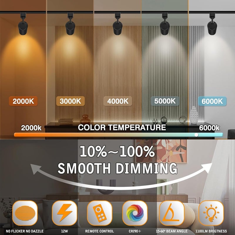CoziTech 【2025 Upgraded】10 Color Zoomable Track Light Head Dimmable H Track Lighting Remote Control Bright Ceiling Spotlight Fixtures for Kitchen Dining Room 2700K-6500K 15°~60° CRI90 12W 1100lm Black 6 Pack - Image 3